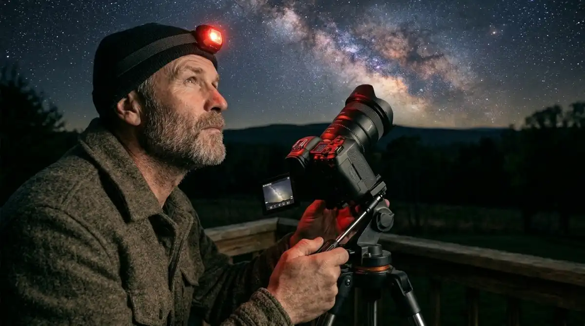 A man capturing the night sky with a DSLR camera.