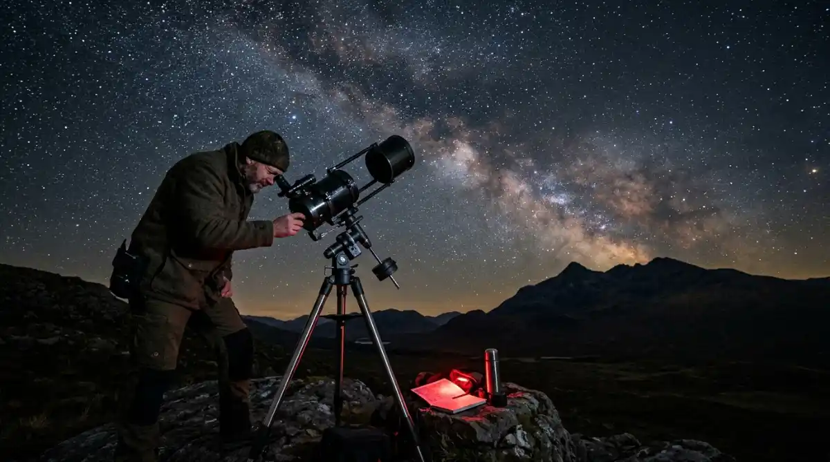 A man looking at the sky with a telescope.