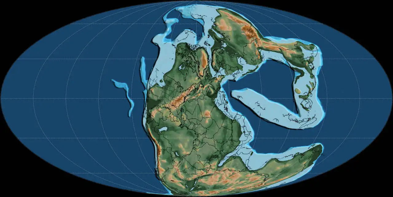 Map of the supercontinent Pangaea traced with modern day countries
