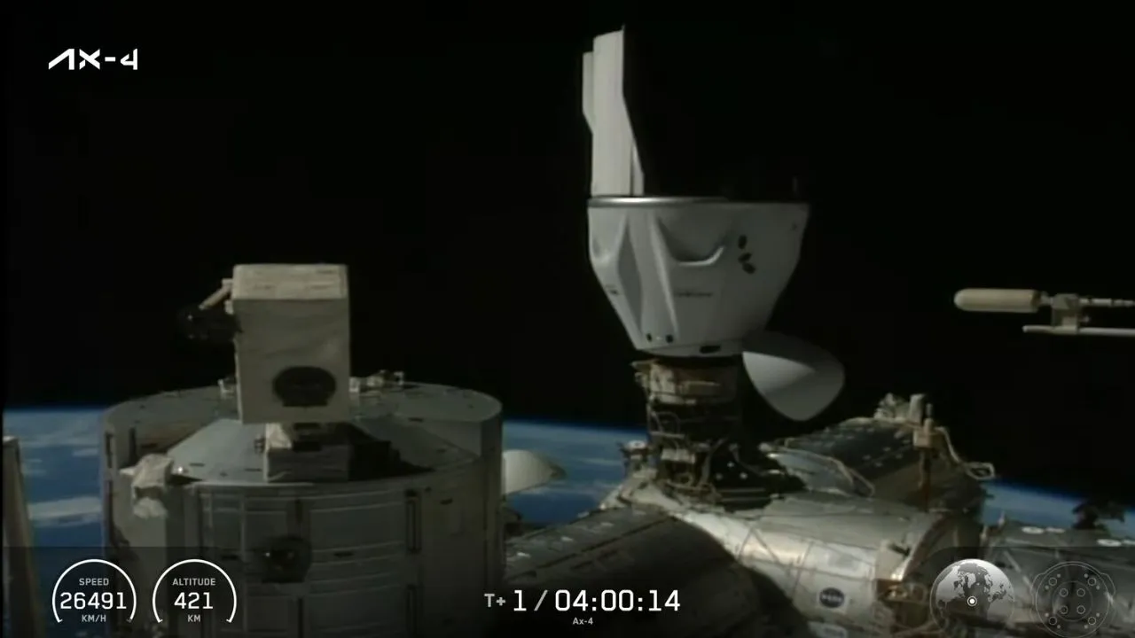 SpaceX Dragon capsule Grace, carrying the Axiom-4 mission crew, docked to the ISS.