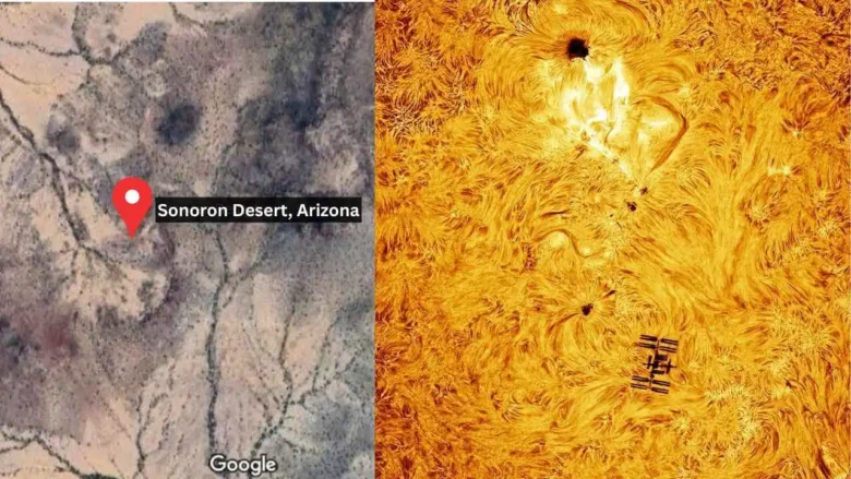 Astrophotographer Andrew McCarthy captured the ISS transiting the Sun near a solar flare from the Sonoran Desert, Arizona.
