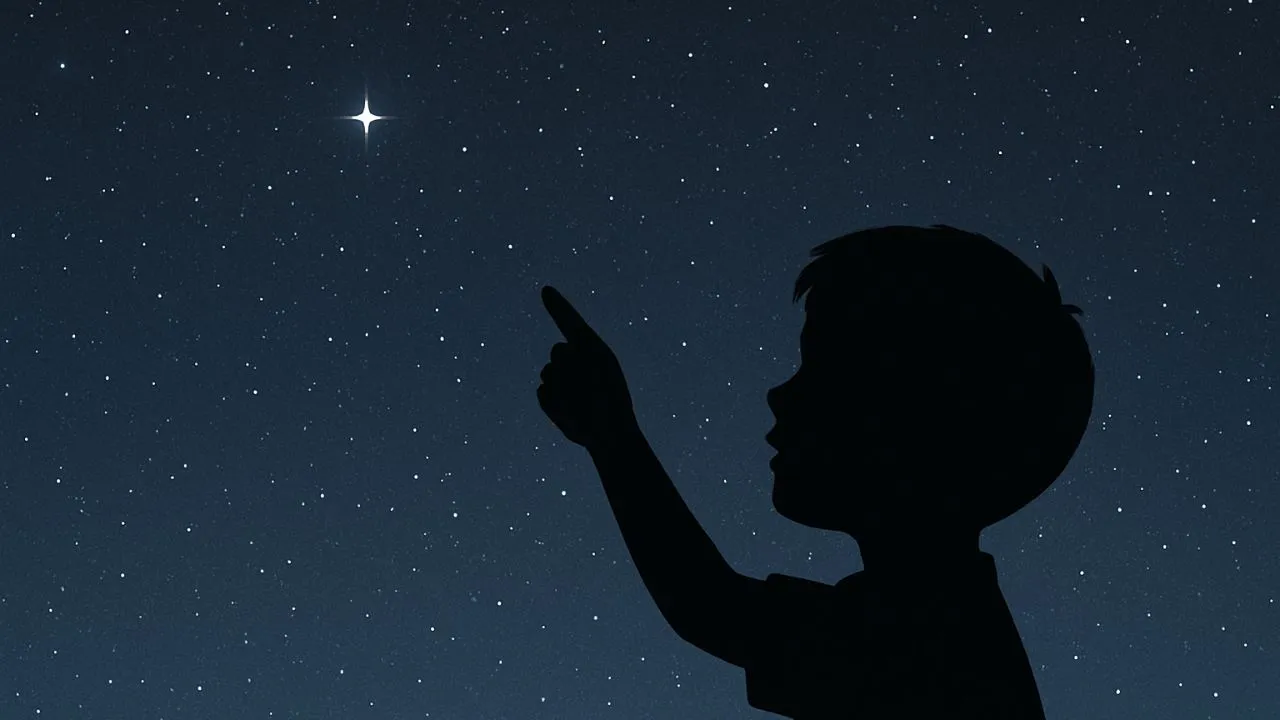 A young boy pointing to a bright new star in the night sky