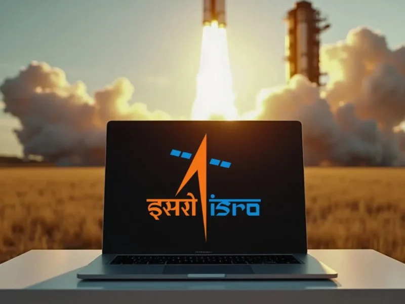 A laptop with a ISRO logo and a rocket launching in the background