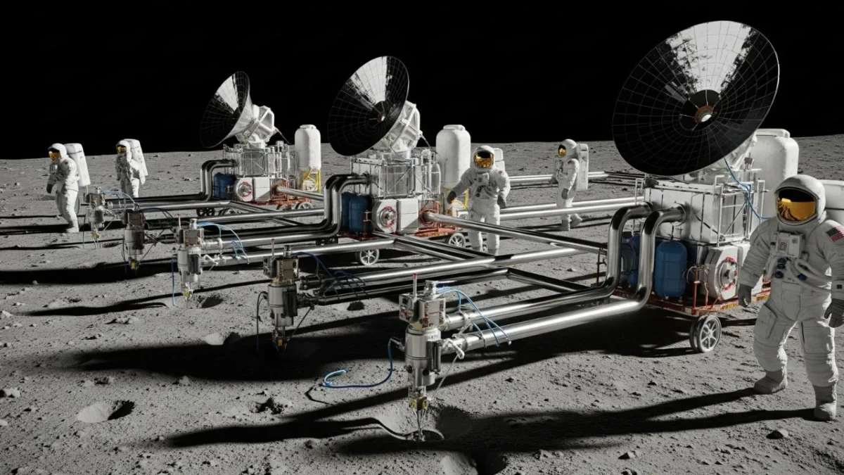 Astronauts using photothermal machines to extract water from Lunar soil.