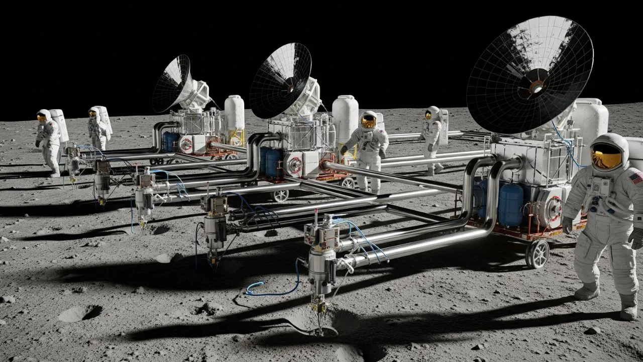 Astronauts using photothermal machines to extract water from Lunar soil.
