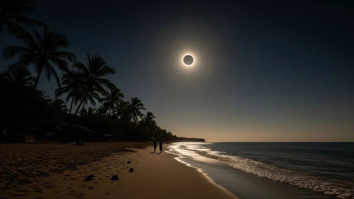 Generative image of a Total Solar Eclipse at a Beach.