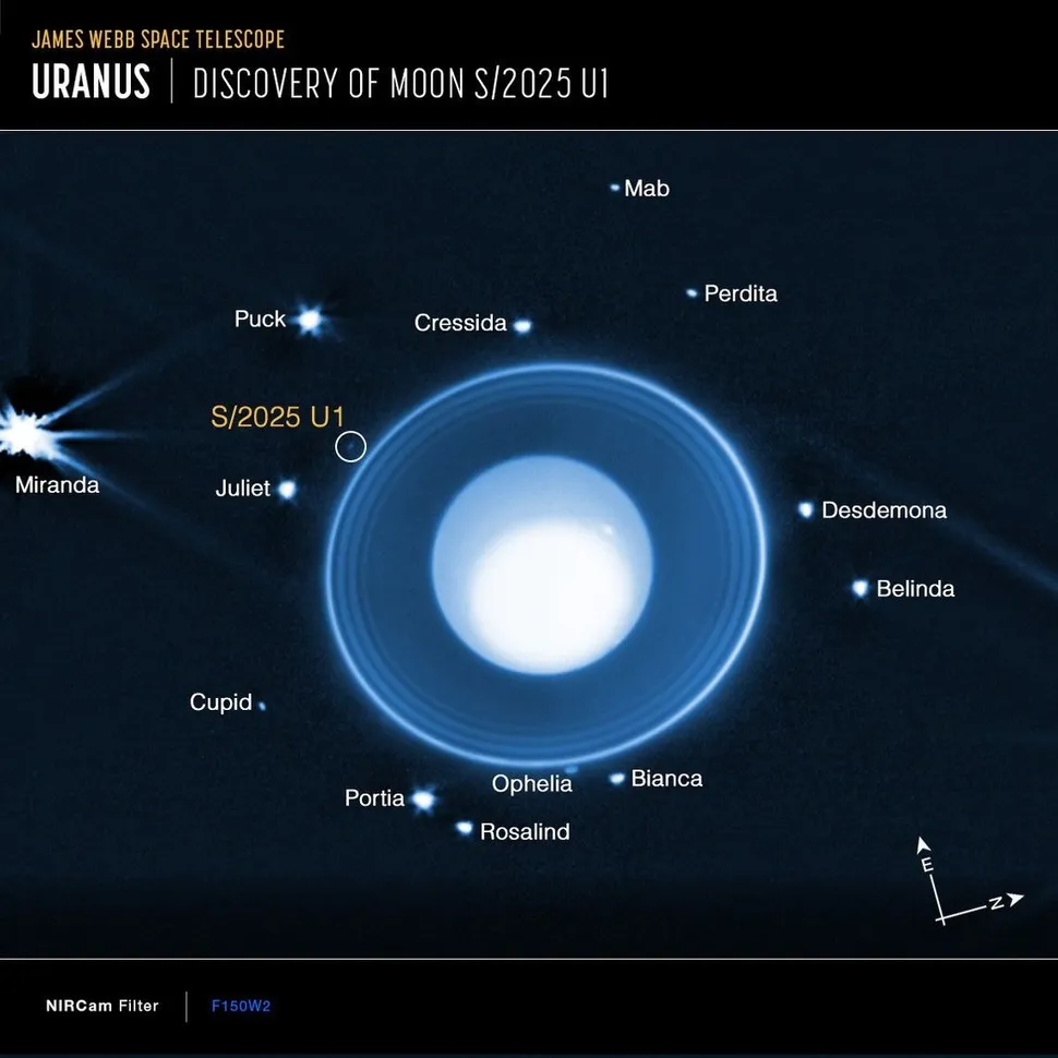 Annotated image of the S/2025 U1, the New Moon around Uranus