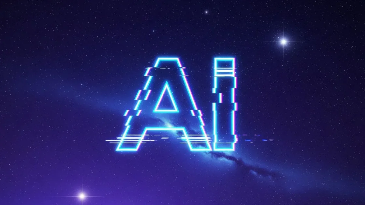 The word "AI" written on a space background.