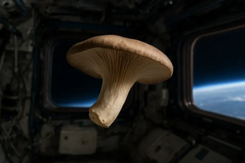 An oyster mushroom floating aboard the space station.