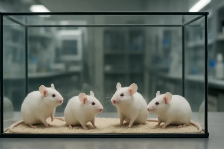 white mice in a glass box.
