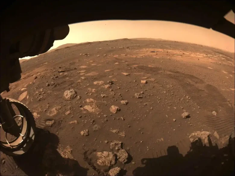 Surface of Mars captured by Perseverance rover's Hazcam.