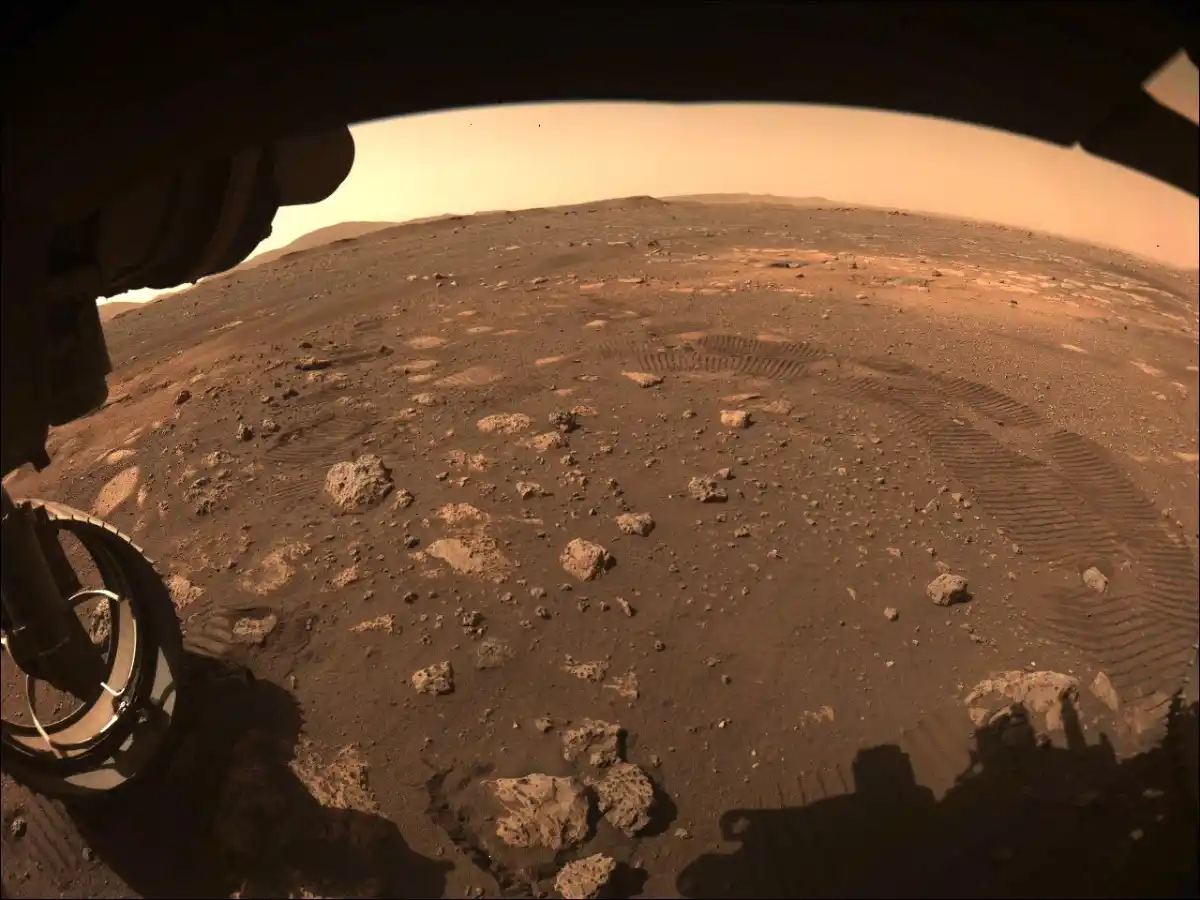 Surface of Mars captured by Perseverance rover's Hazcam.
