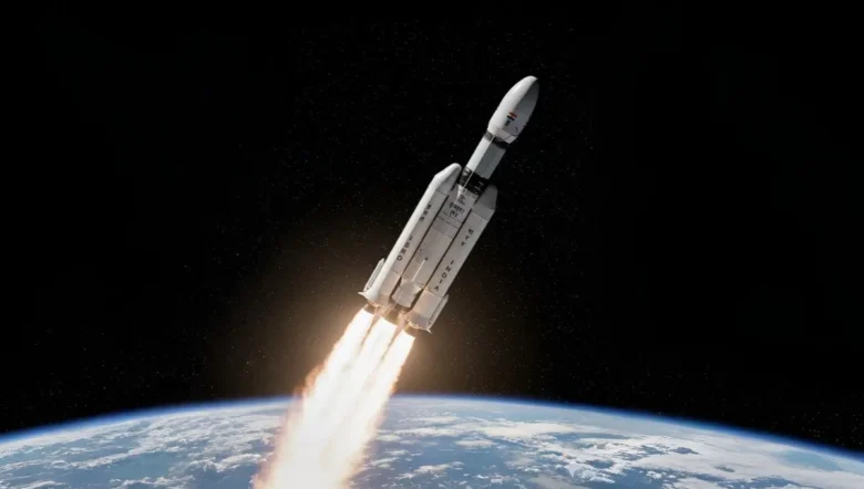 Artist's concept of ISRO's LVM3-M5 rocket in space.