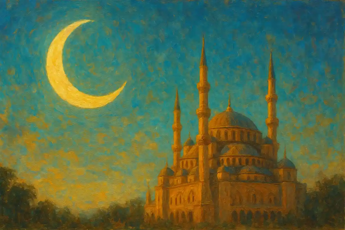 A crescent moon above a mosque.