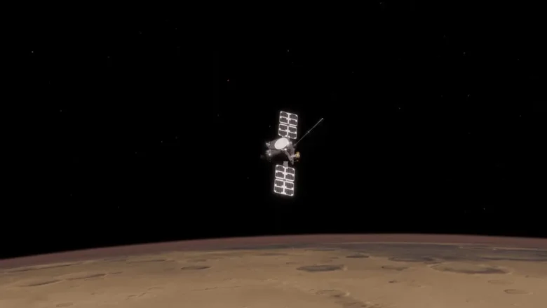 An ESCAPADE mission spacecraft above mars.