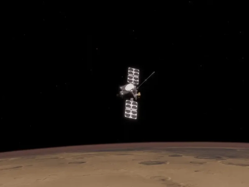 An ESCAPADE mission spacecraft above mars.