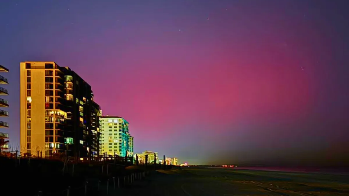 Auroras seen over Jacksonville Beach, Florida.