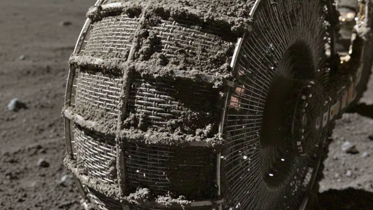 Sticky moon soil on rover wheels.